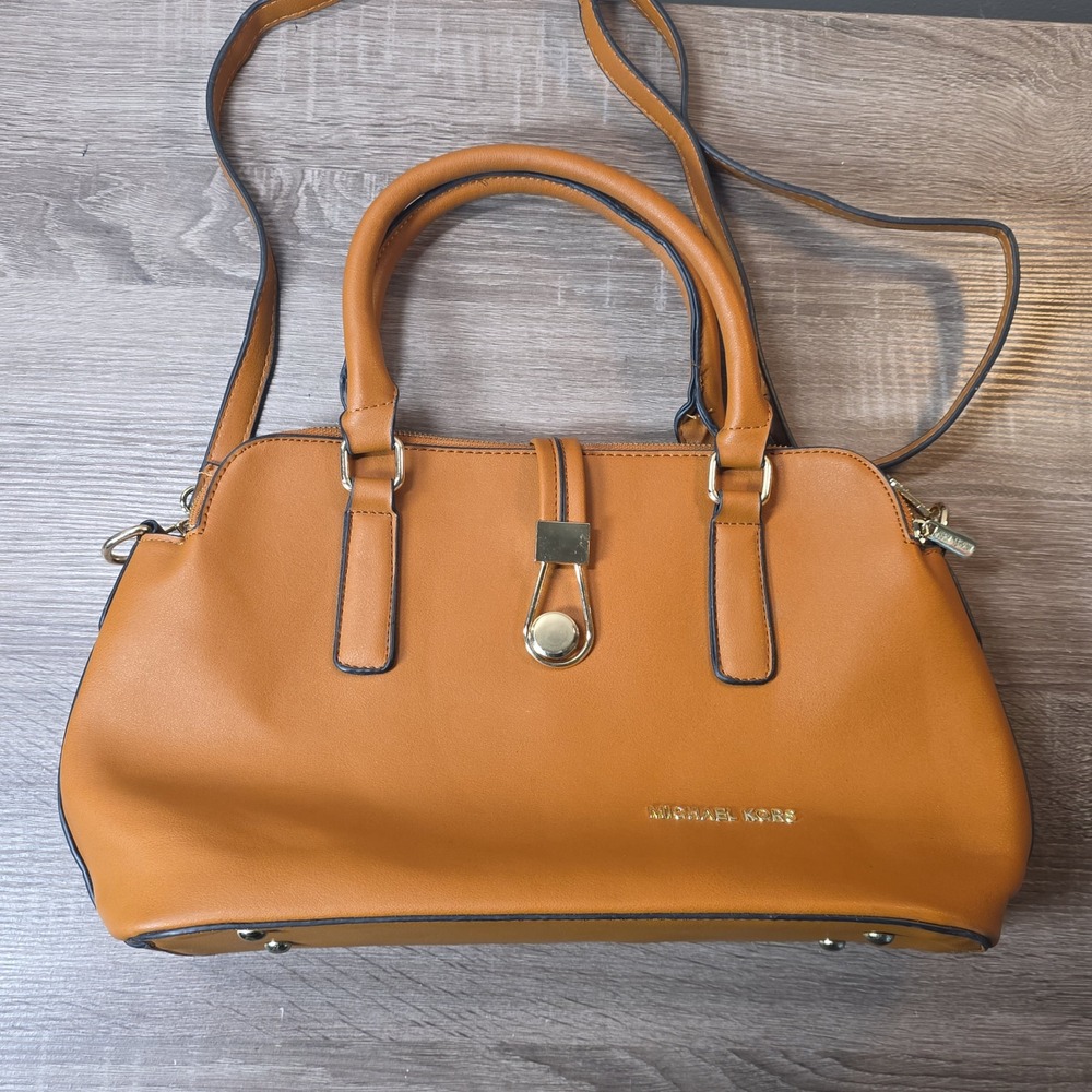 Michael Kors Cognac Brown Triple Compartment Satchel Crossbody Bag Gold Hardware
